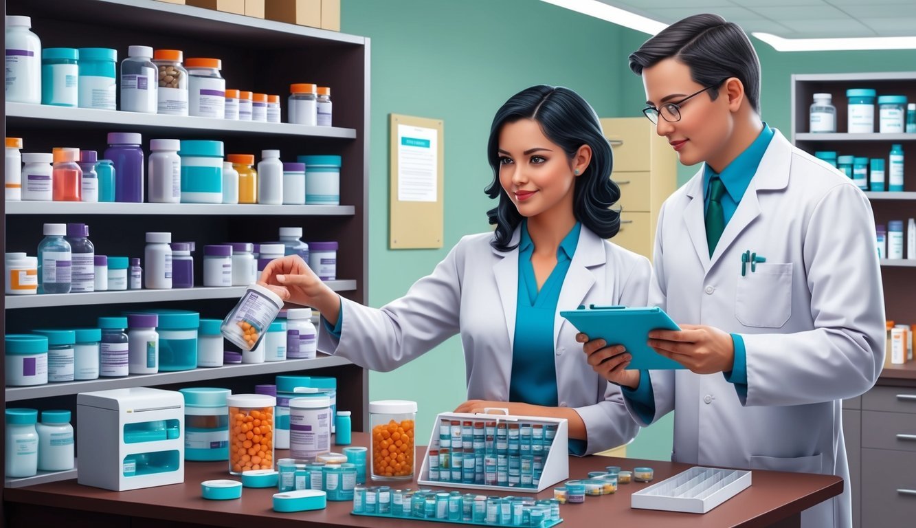 A pharmacy technician organizing medication while a pharmacist reviews patient prescriptions