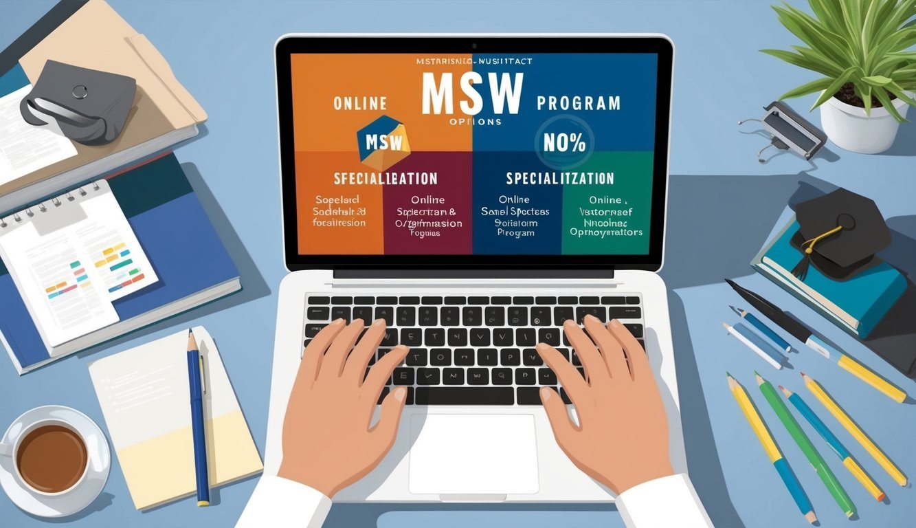 A laptop displaying online MSW program options, with various specialization choices