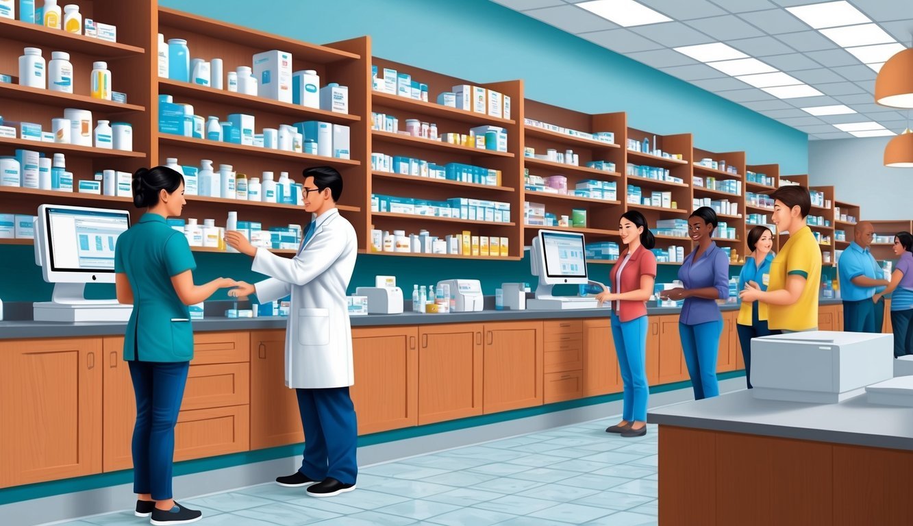 A busy pharmacy with a technician assisting a pharmacist.</p><p>Shelves stocked with medicine, computer workstation, and customers waiting in line