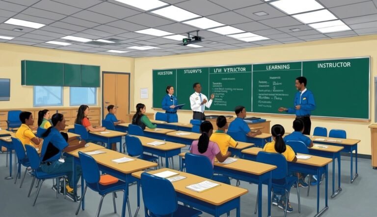 Classroom with students and instructors, chalkboard with notes, desks and chairs