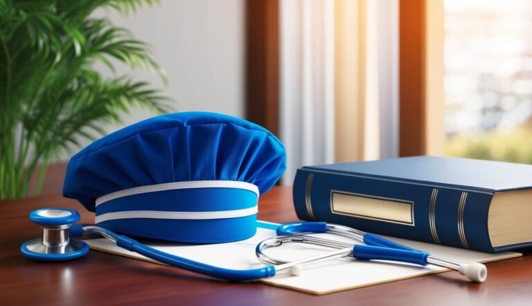 Blue nurse's cap, stethoscope, and book on a wooden desk