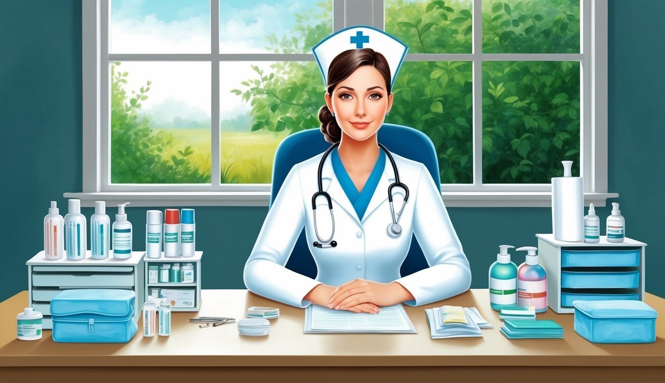 Nurse in uniform sitting at desk with medical supplies