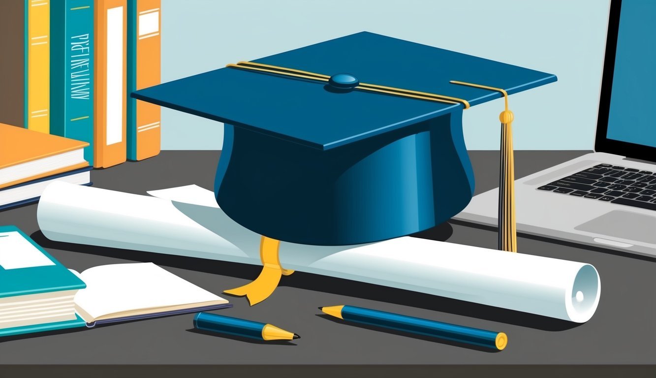 A diploma and a graduation cap sitting on a desk, surrounded by books and a laptop, symbolizing career advancement and professional development benefits of a BSN