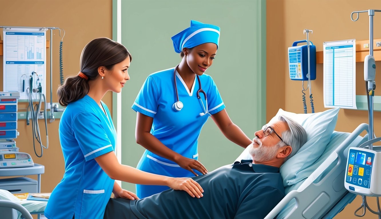 A nurse in scrubs assisting a patient in a hospital room, surrounded by medical equipment and charts