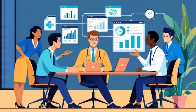 Medical team reviewing data charts at a table with laptops and a clock