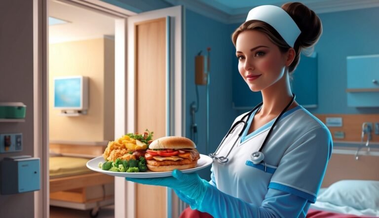 Nurse holding a plate of food in a hospital room