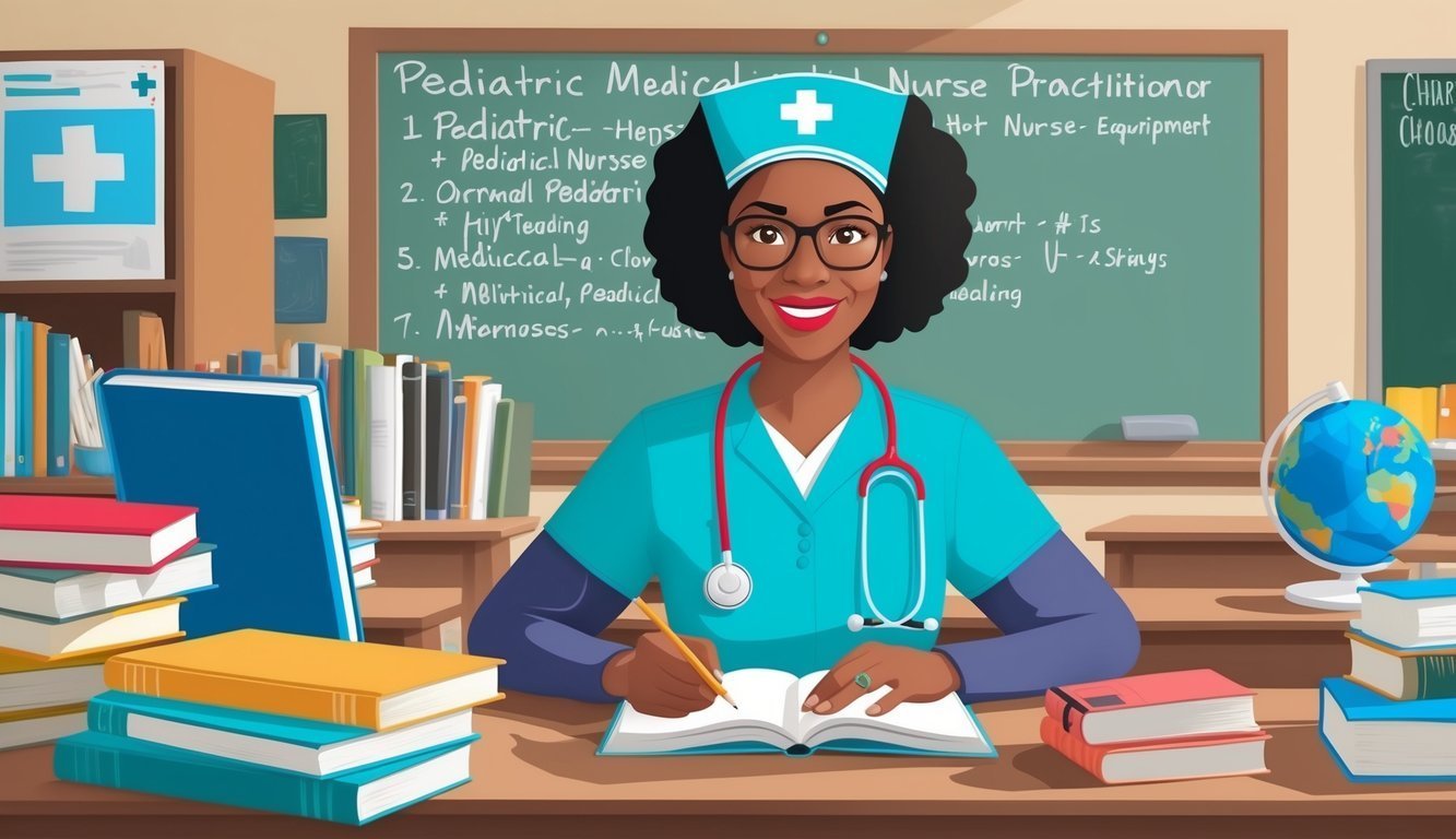 Cartoon nurse writing in a book at a desk with books and a globe