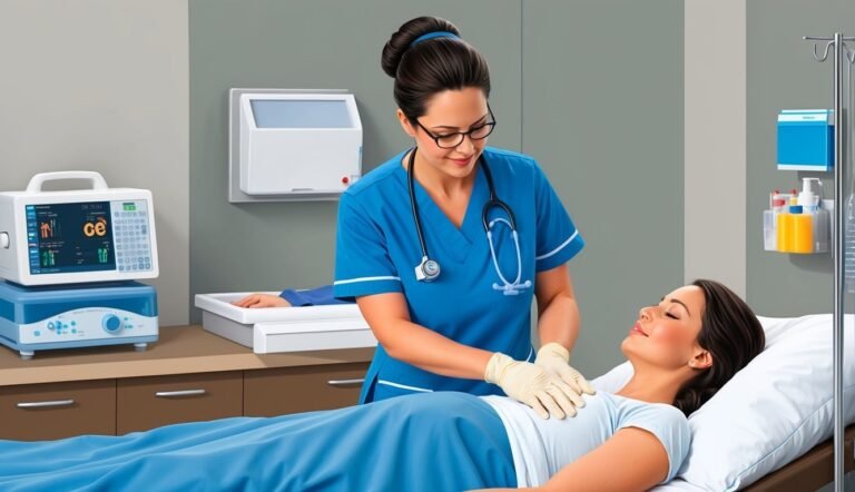 Nurse examining a patient in a hospital room with medical equipment nearby