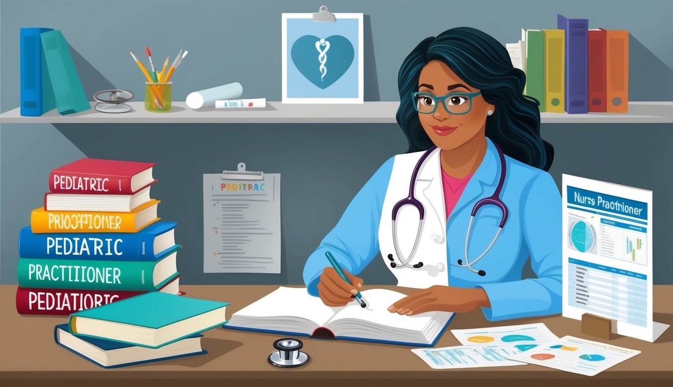 A pediatric nurse practitioner studying with textbooks, stethoscope, and medical charts in a quiet, organized workspace