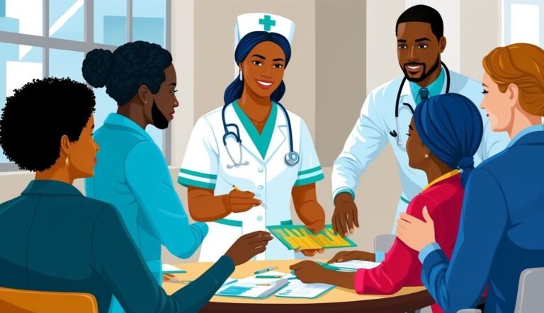 Medical team reviewing documents around a table, nurse holding a chart