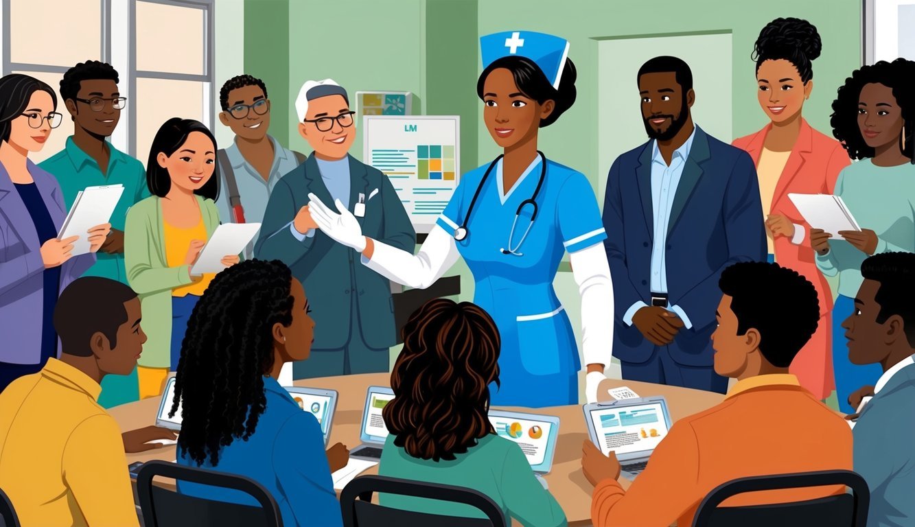 A public health nurse conducting a community health education session, surrounded by diverse individuals seeking information and resources