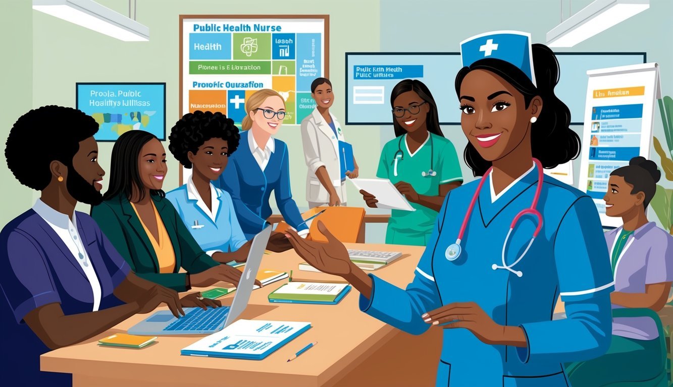 A public health nurse engaging with diverse communities, providing education, and promoting wellness through various outreach programs and initiatives