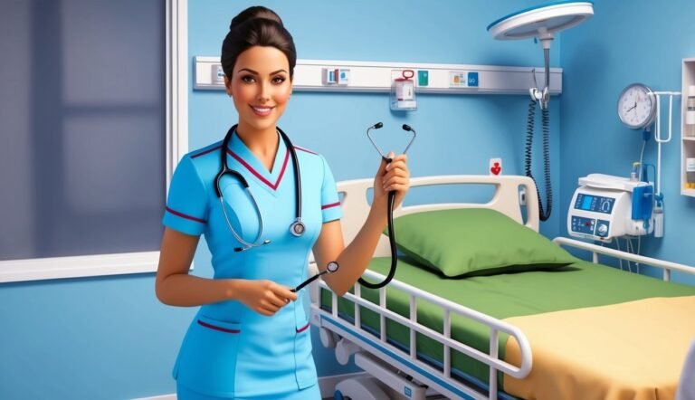 Smiling nurse in blue scrubs holding a stethoscope in a hospital room