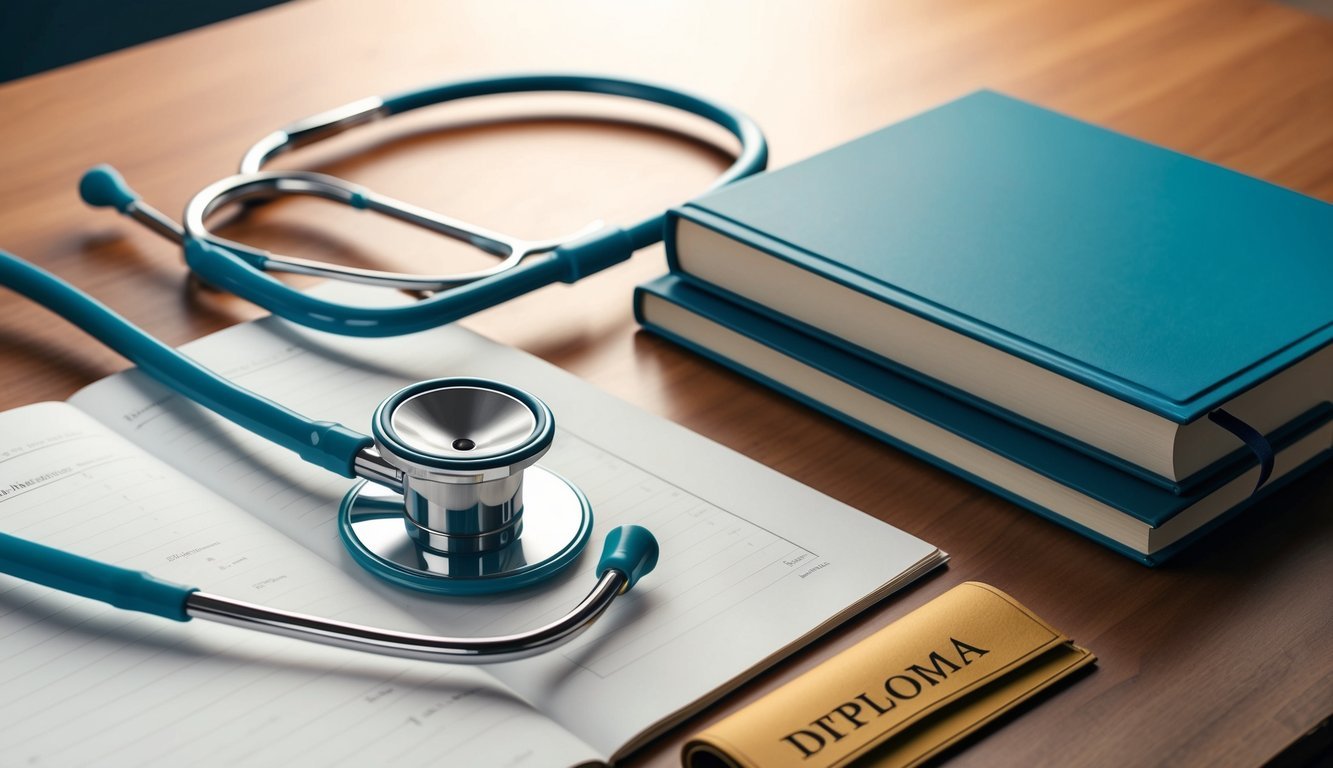 A stethoscope, medical textbooks, and a diploma on a desk