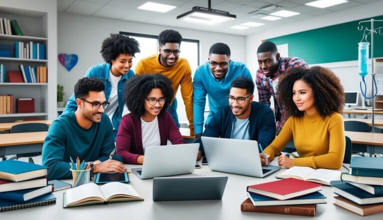Group of students working together with laptops and books in a classroom