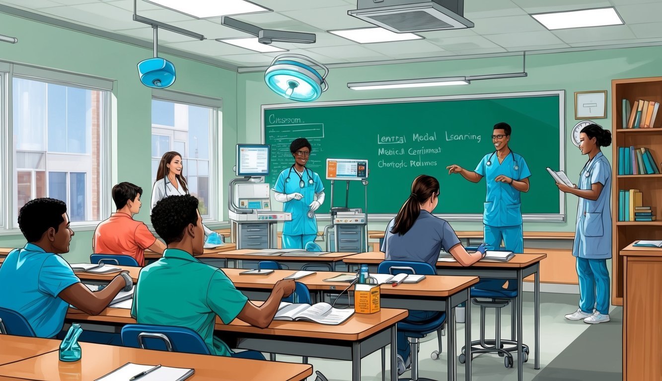 A classroom setting with medical equipment and students learning in a fast-paced environment