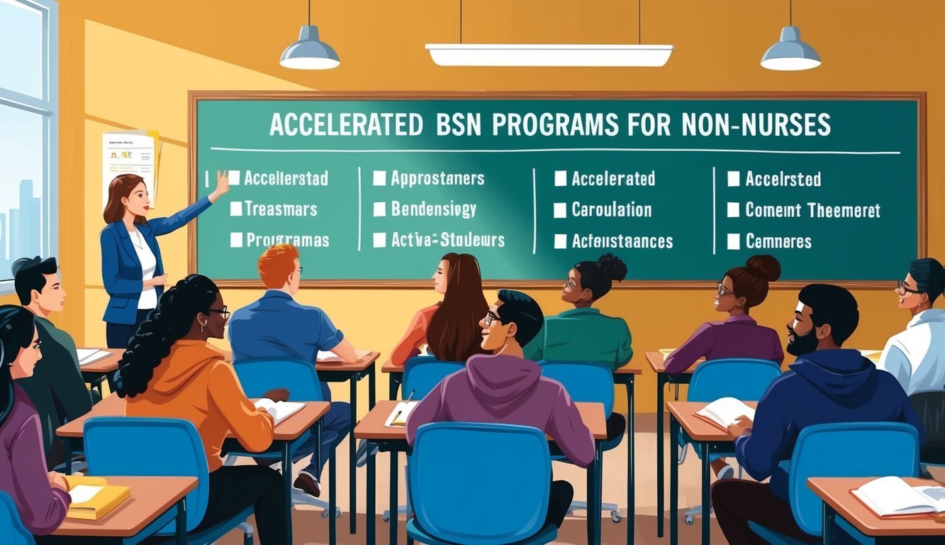 A bustling classroom with diverse students and a whiteboard displaying various program options for accelerated BSN programs for non-nurses