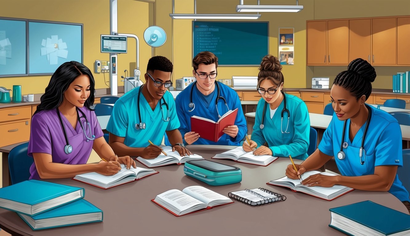 A group of students in accelerated BSN programs studying in a classroom with medical equipment and textbooks