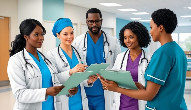 Group of diverse medical professionals reviewing charts in a hospital hallway