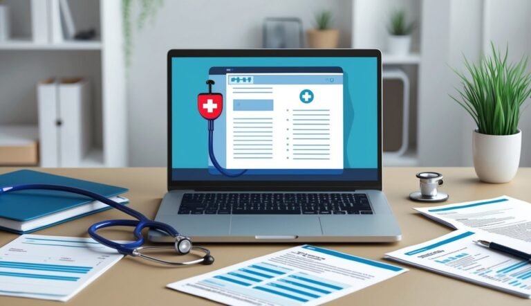 Laptop with medical interface, stethoscope, and documents on a desk