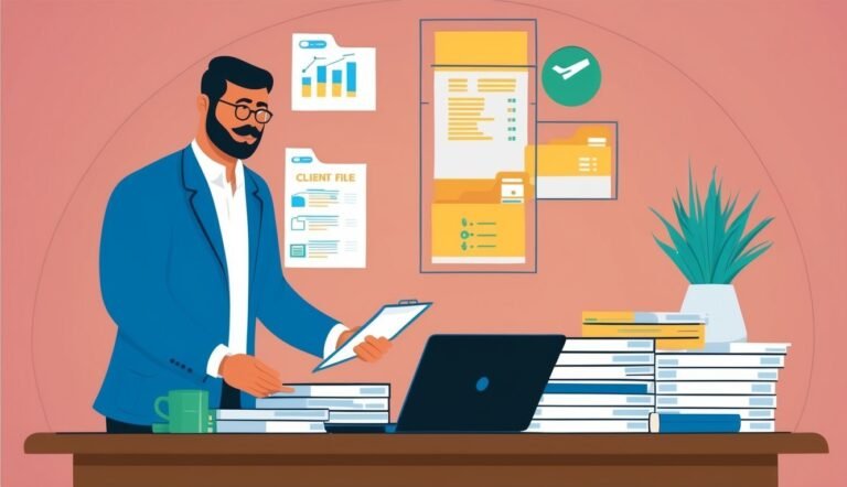 Businessman at desk with laptop, files, and client file document