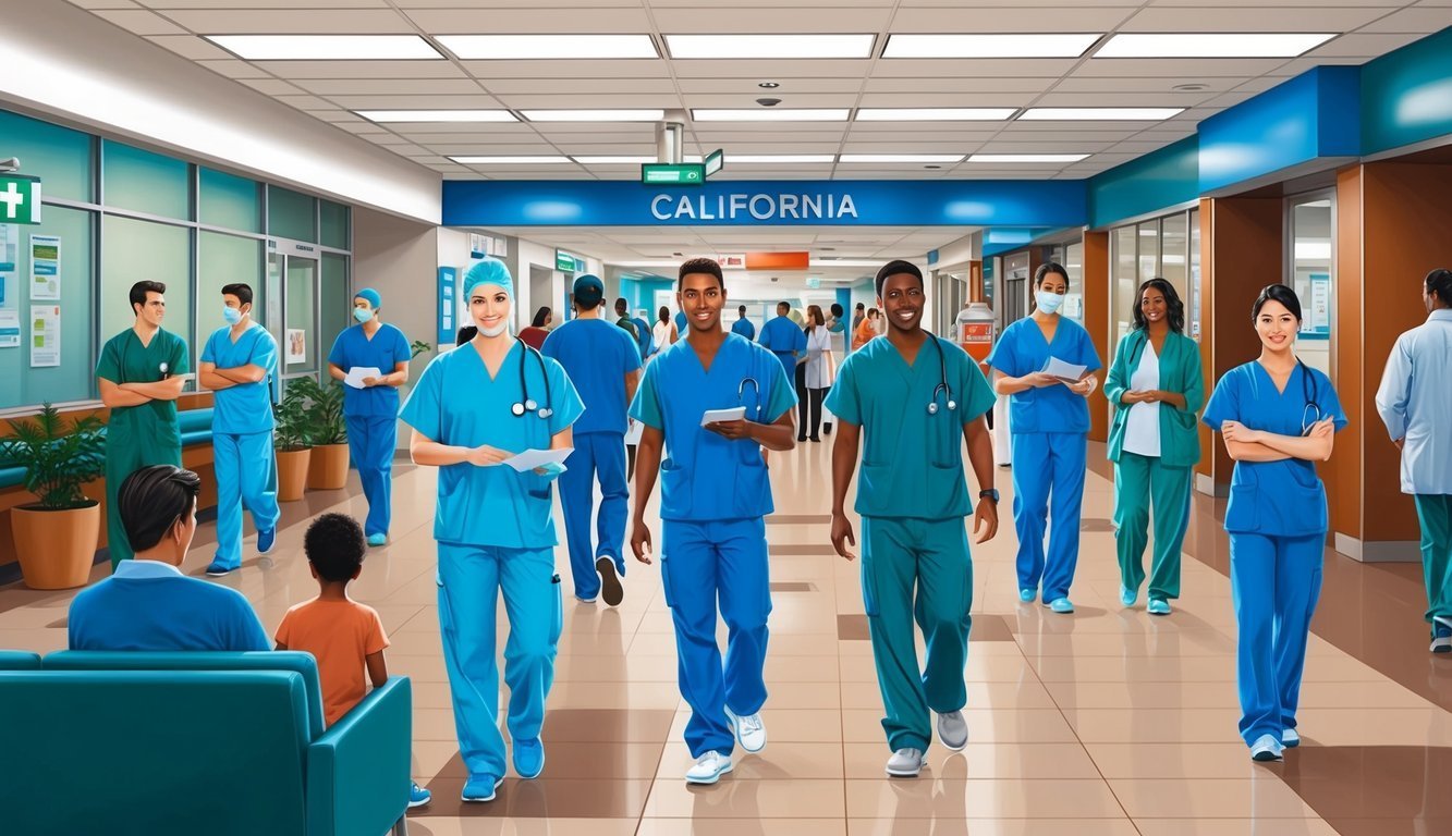 Hospital hallway with medical staff walking, patients waiting, and "California" sign