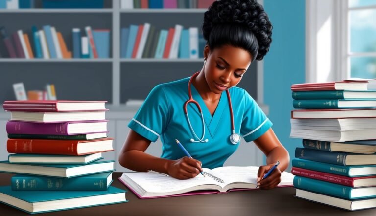 Nurse writing in a book surrounded by stacks of books and a bookshelf