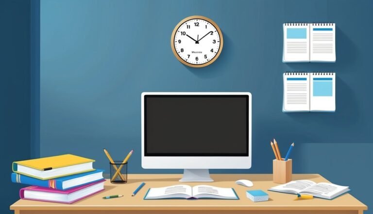 Desk with computer, books, pencils, clock, and notebooks on a blue wall