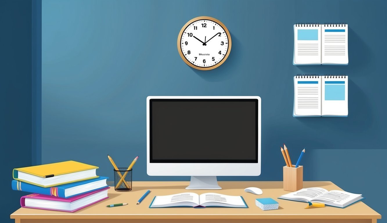 Desk with computer, books, pencils, clock, and notebooks on a blue wall