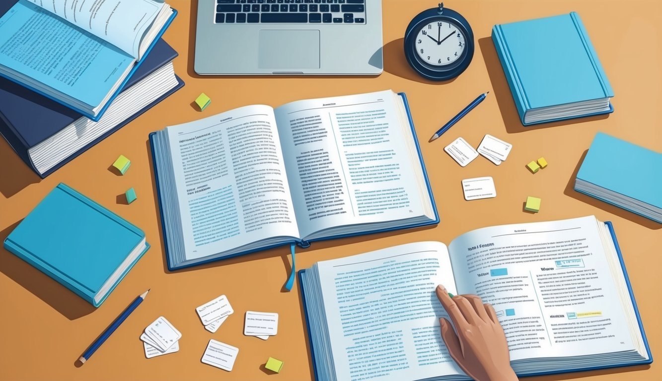 A desk with open books, notes, and a laptop.</p><p>Flashcards scattered around.</p><p>A clock showing the time.</p><p>An organized study space