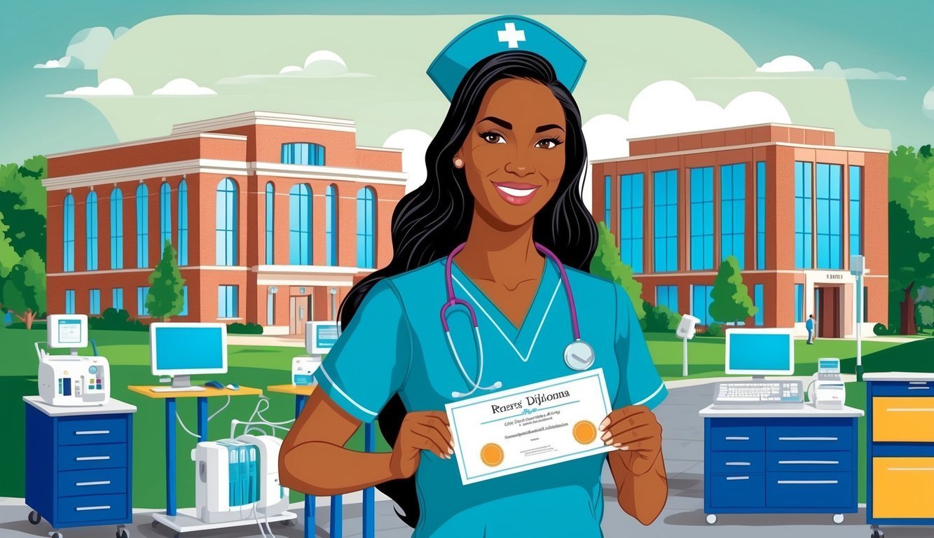 Smiling nurse holding a diploma in front of a hospital building