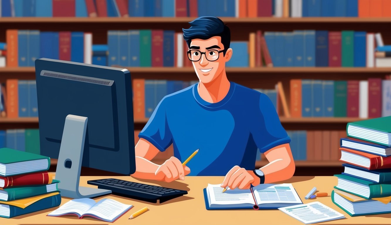 A student sitting at a desk, surrounded by textbooks and notes, with a focused expression while taking a timed test on a computer