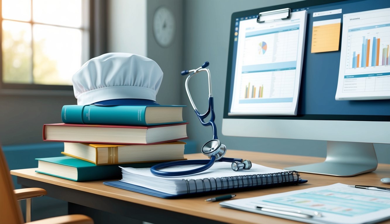 A stethoscope, textbooks, and a nursing cap on a desk beside a computer with medical charts open