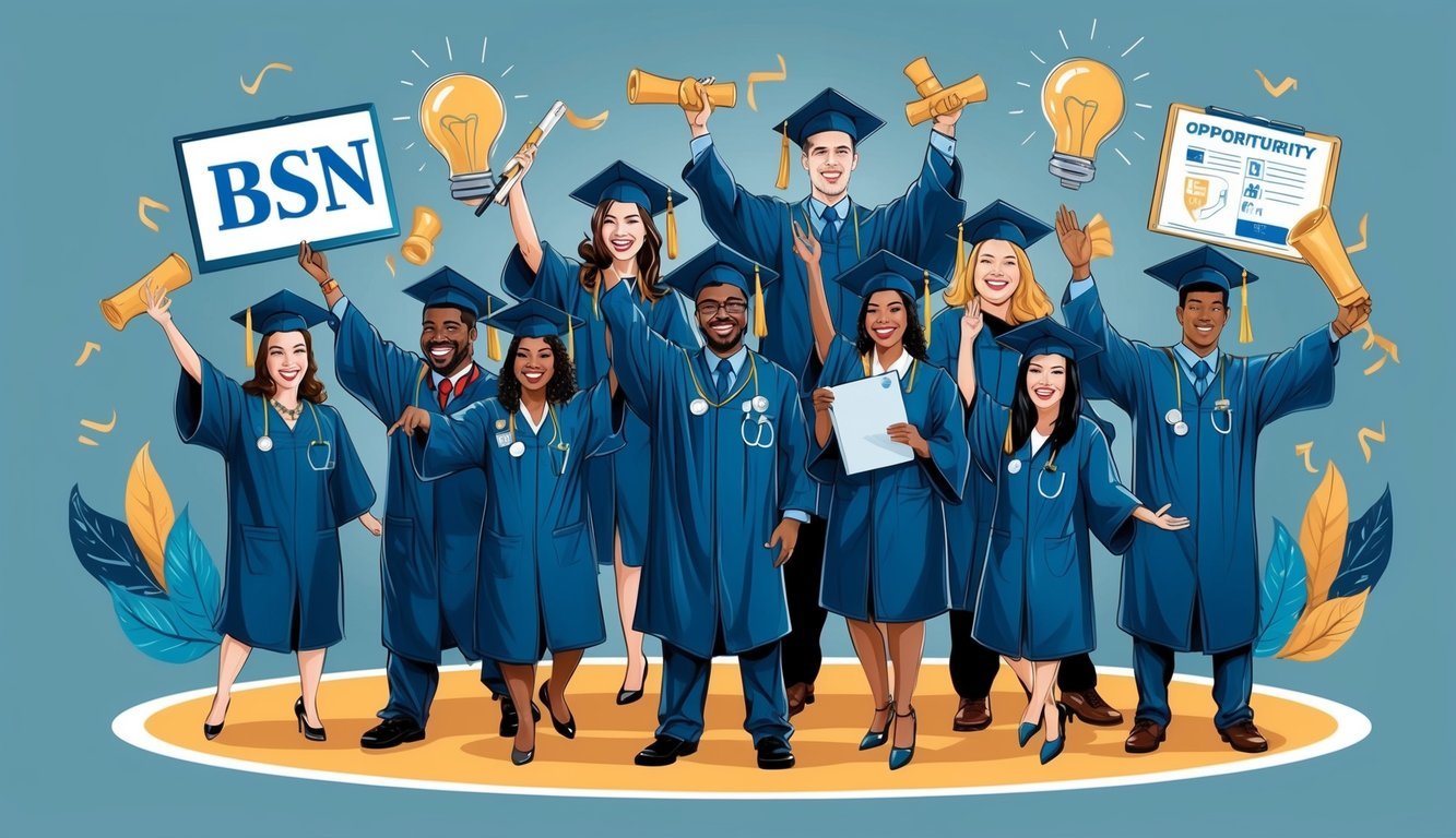 A group of BSN graduates celebrate their advancement, surrounded by symbols of opportunity and growth