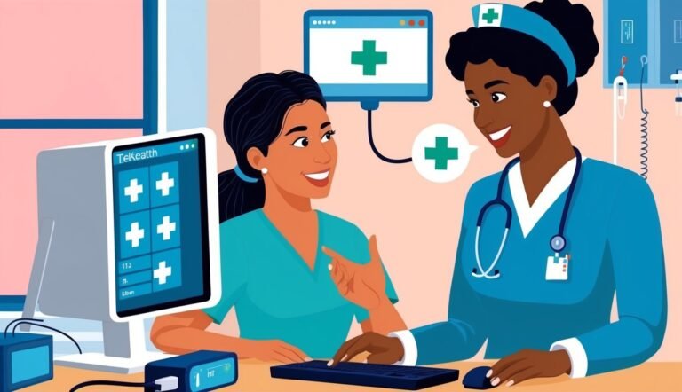 Two nurses in a medical office, looking at a computer screen