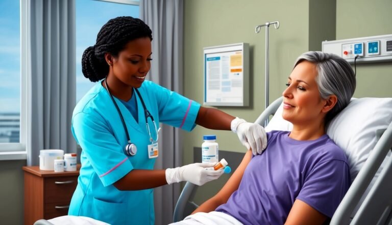Nurse giving medication to a patient in a hospital bed