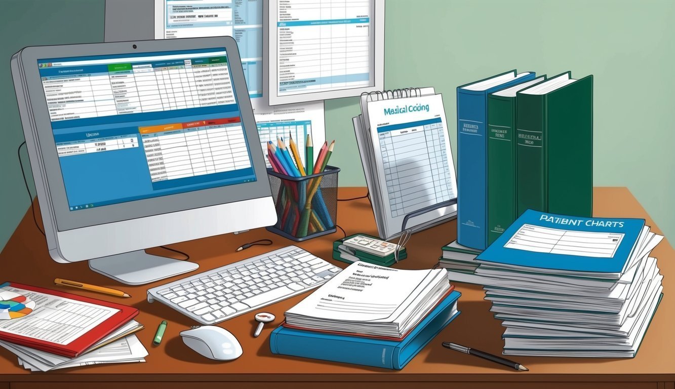 Desk with computer, medical coding books, patient charts, and paperwork