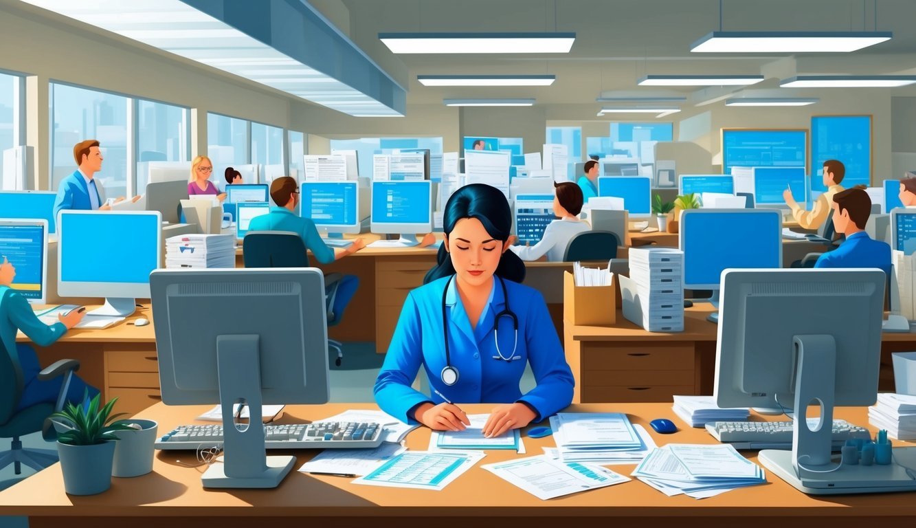 A medical coder sits at a desk surrounded by computer screens and paperwork, diligently entering and organizing patient data.</p><p>The office is busy and buzzing with activity, indicating a steady demand for their services