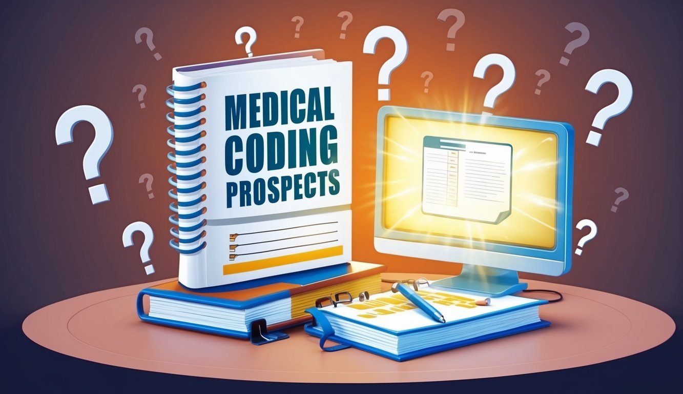 A medical coding book surrounded by question marks and a glowing computer screen with uncertain career prospects