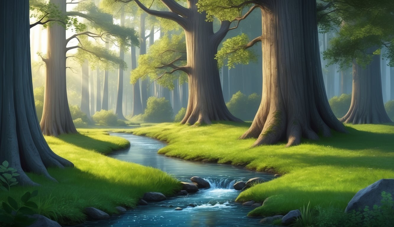Forest scene with a stream flowing through green grass and trees