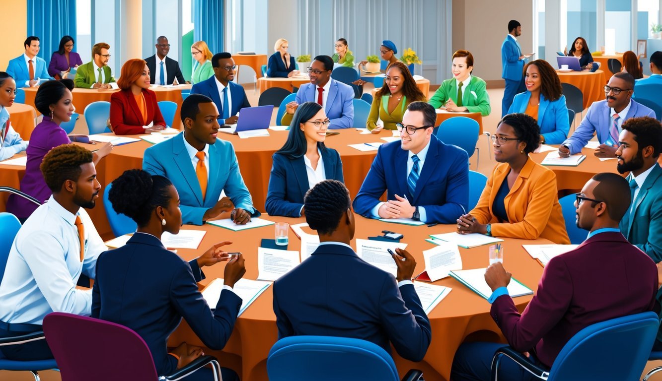 A group of diverse professionals engage in discussions and workshops at an educational and professional development conference