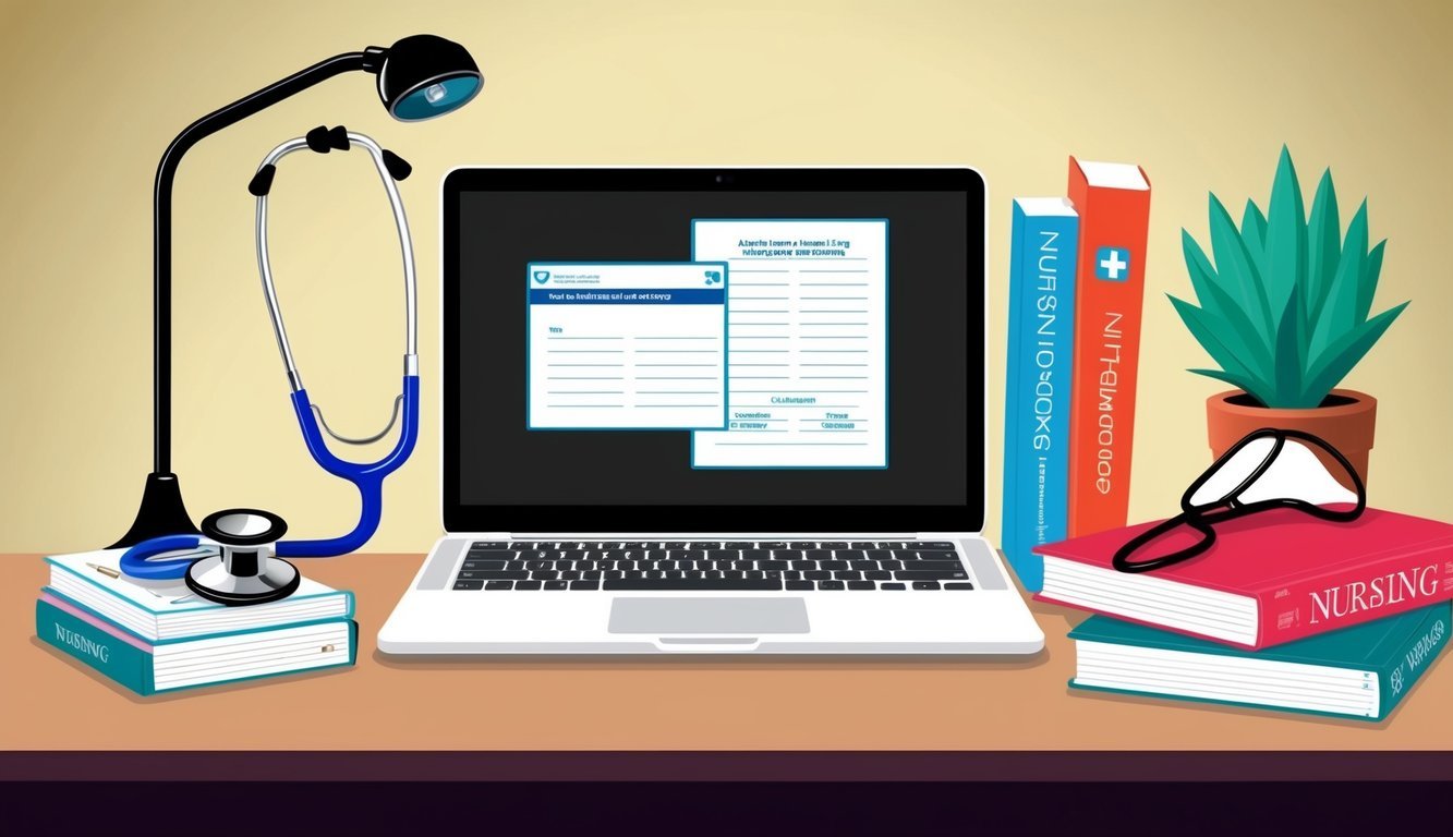 A laptop with a stethoscope and nursing textbooks on a desk