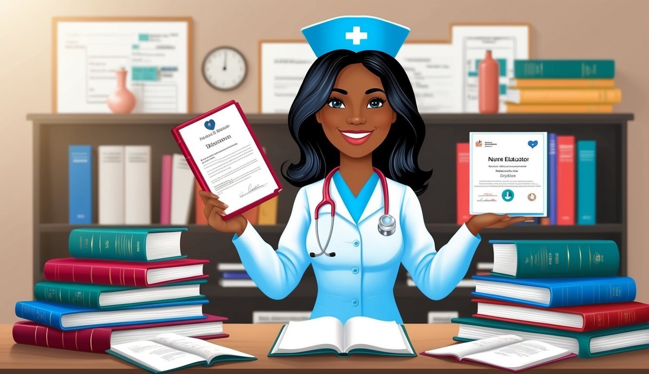 Cartoon nurse holding documents, surrounded by books, smiling at the viewer