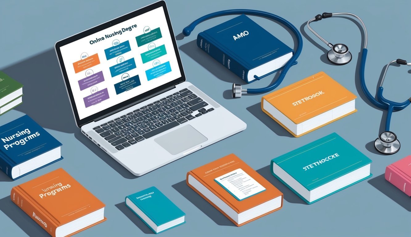 A laptop displaying various online nursing degree programs, surrounded by nursing textbooks and a stethoscope