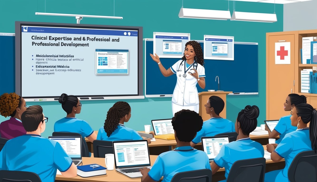 A nurse educator teaching a class on clinical expertise and professional development with medical equipment and educational materials on display