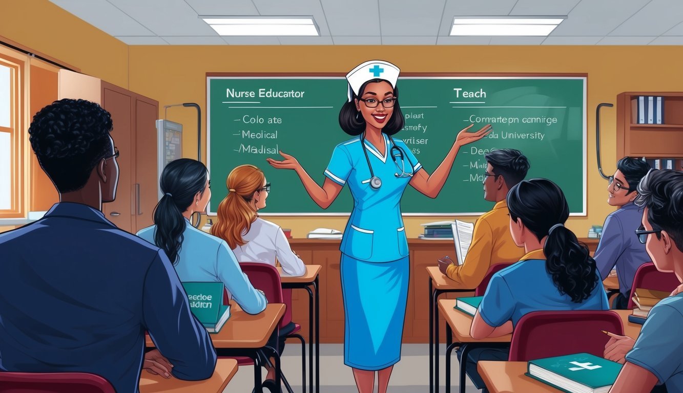 A nurse educator at a university, teaching students in a classroom setting with medical equipment and textbooks