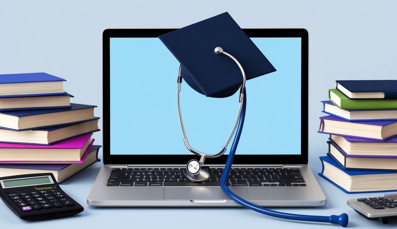 A laptop with a graduation cap on the keyboard, surrounded by stacks of books and a calculator.</p><p>A nursing stethoscope is draped over the laptop