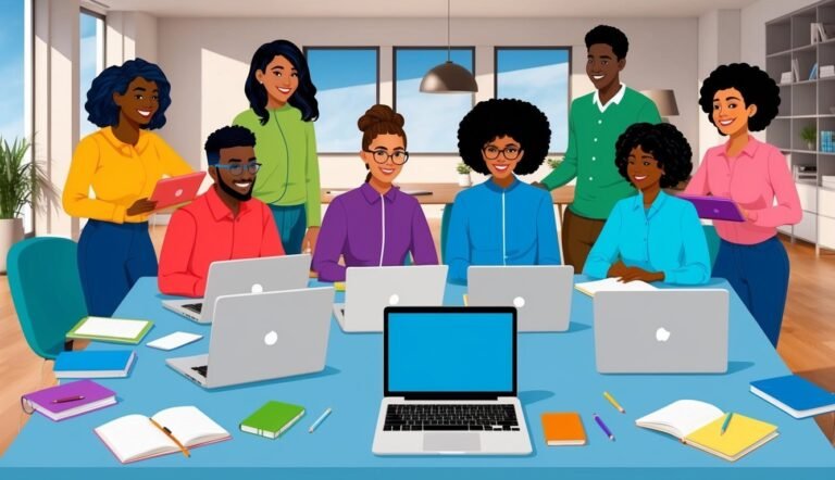 Diverse group of people working together at a table with laptops