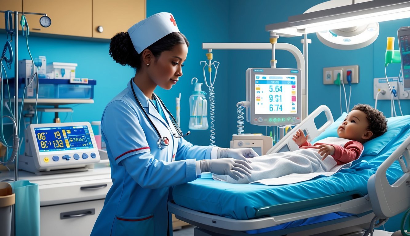 A nurse carefully monitors a child's vital signs in a pediatric intensive care unit, surrounded by medical equipment and a calming, child-friendly environment