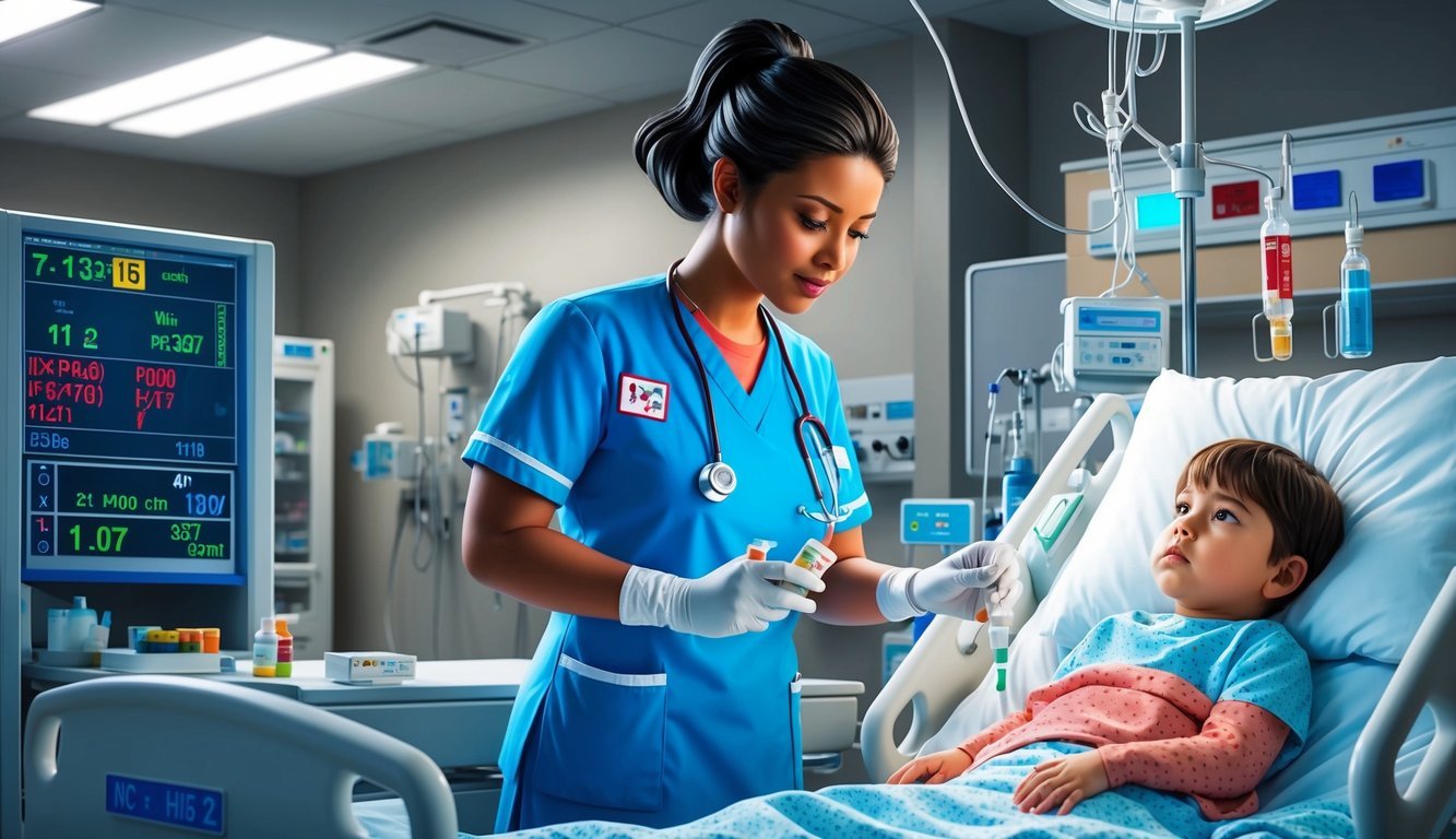 A nurse in a pediatric intensive care unit, monitoring vital signs and administering medications to a young patient